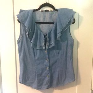 Vintage 90s Kikomo Sleeveless Button-Up Denim Blouse with Ruffle Collar